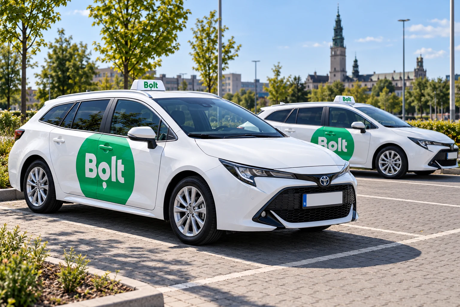 Wizualizacja białych Toyot Corolla z zielonym oznakowaniem Bolt